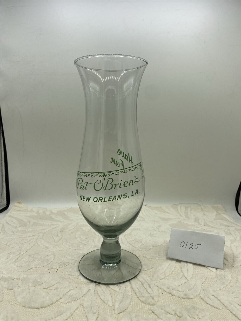 Vintage Pat O'Briens New Orleans LA Tall Hurricane Drink Glass Have Fun Angled